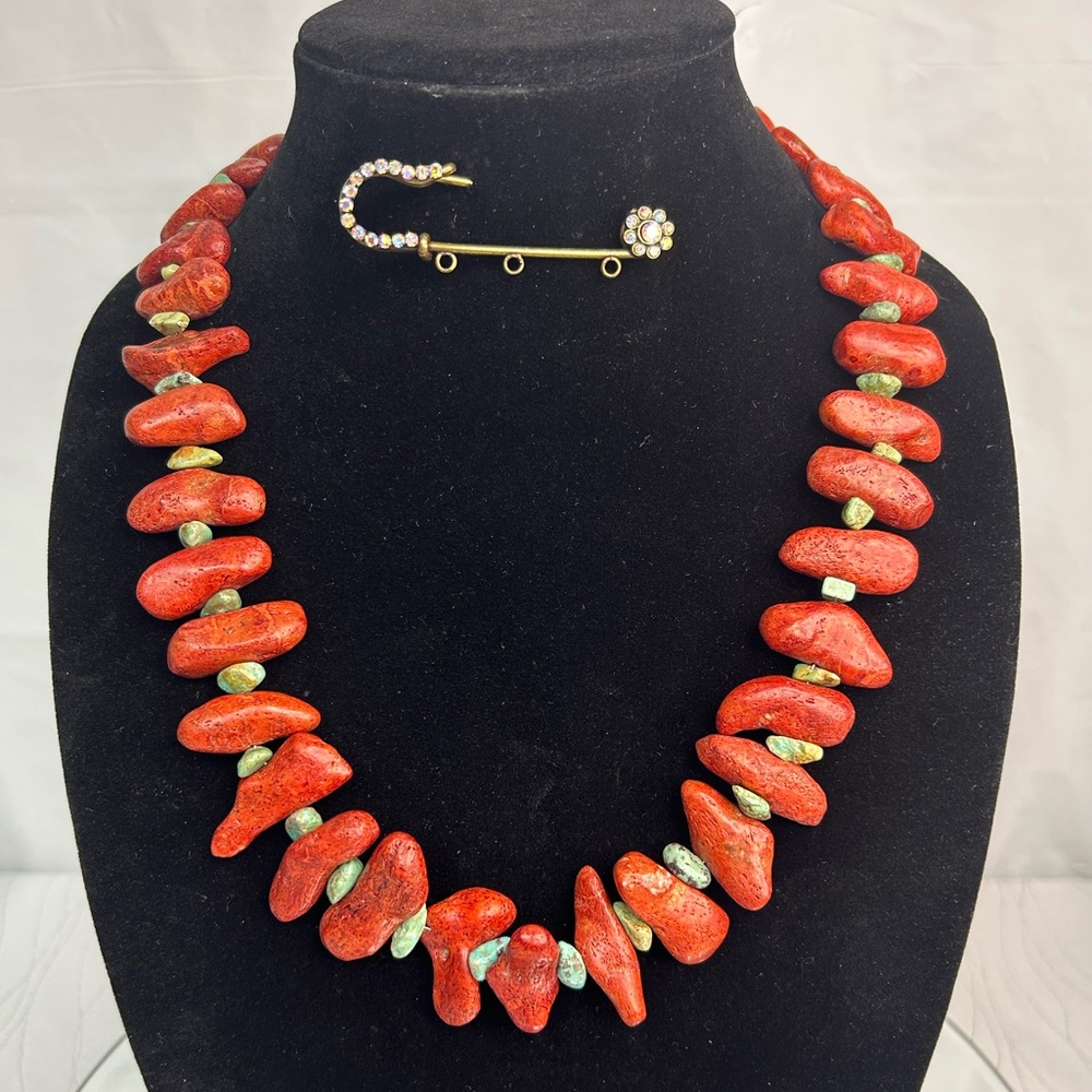 Oxblood Coral 🪸 Deep Red & Turquoise Necklace Chunky & Raw